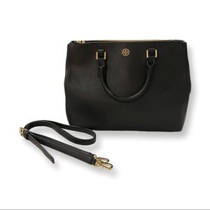 Tory Burch Black Leather Top-Handle Satchel with Gold Hardware